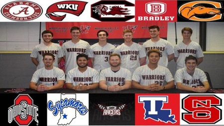 Wabash Valley College baseball's Division I signees pose for a picture at their signing. The Warriors boast 12 athletes set to attend Division I programs next fall.